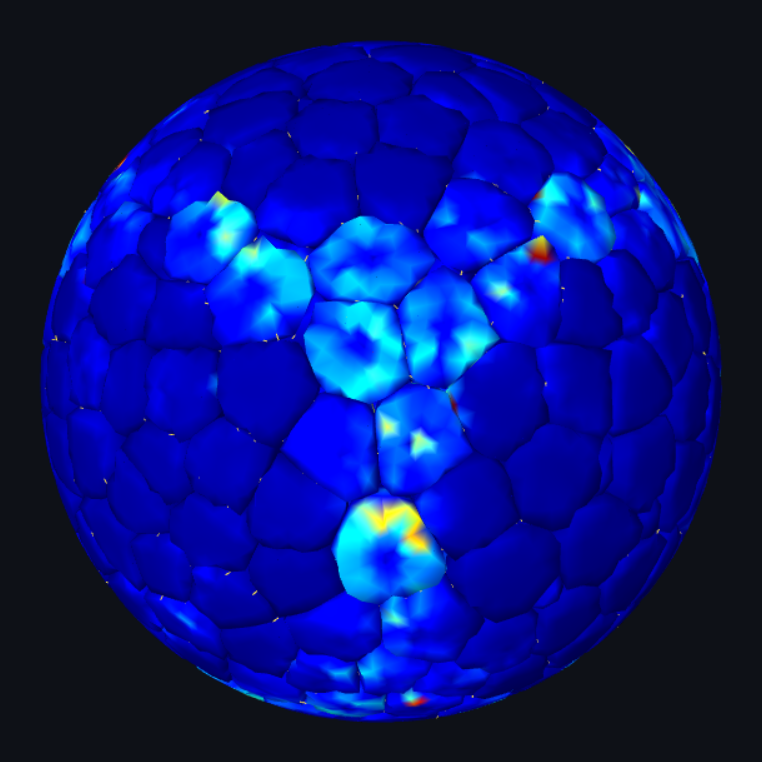 DCM N=2000 confluent spheroid — surface von-Mises stress + cadherin bonds